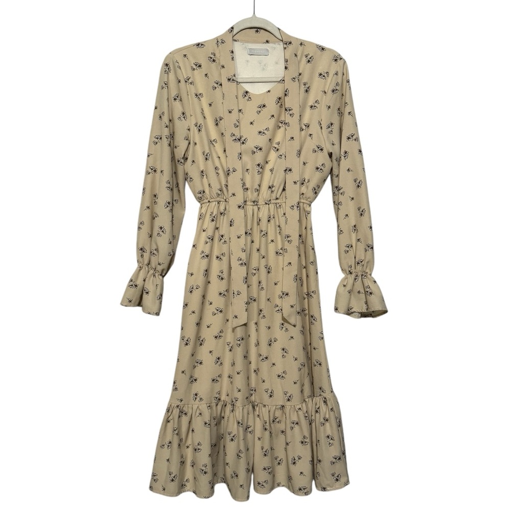 Pigment Long Modest Cream Fall Floral Fit Flare Ruffle Dress Women’s Size Medium
